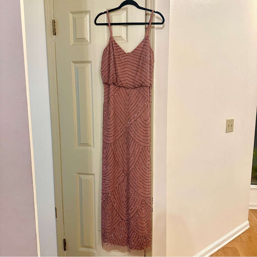 Adrianna Papell Dusty Pink Rose Beaded Blouson Maxi Gown Dress